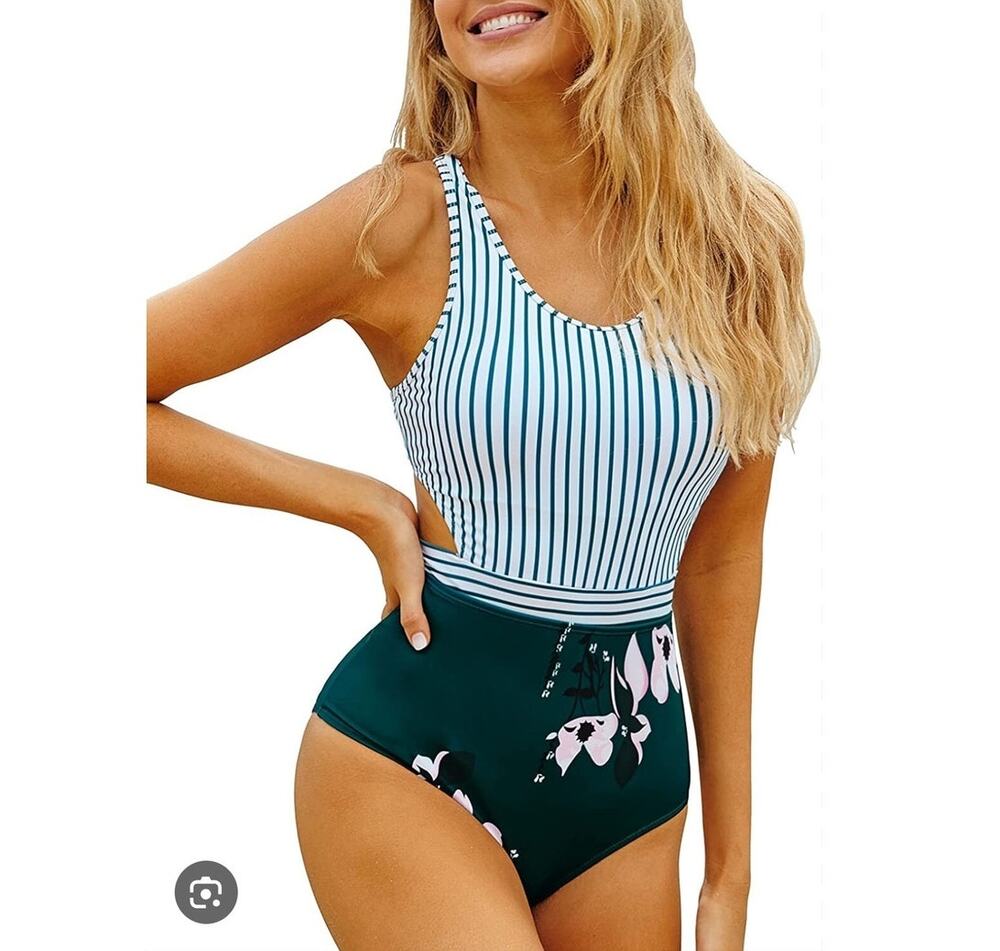 New Molybell Monokini One Piece Swimsuit XS Green Lilies Stripe Cutout Zip Beach